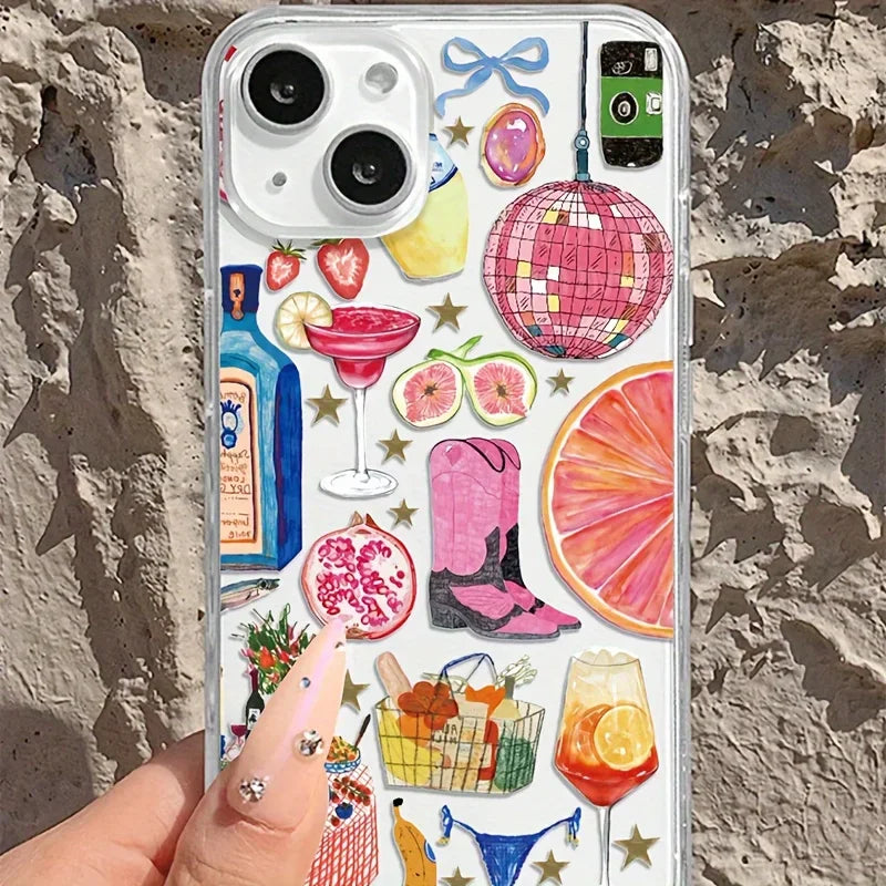 Summer Vibe Clear Phone Case — Soft Silicone Disco Ball & Fruit Design Cover for iPhone 7-16 Pro Max, Mini, XR, 11-15