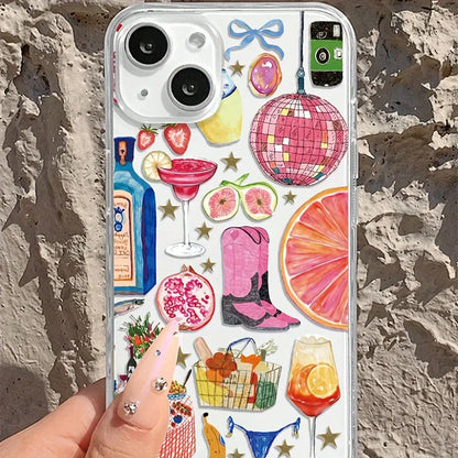 Summer Vibe Clear Phone Case — Soft Silicone Disco Ball & Fruit Design Cover for iPhone 7-16 Pro Max, Mini, XR, 11-15