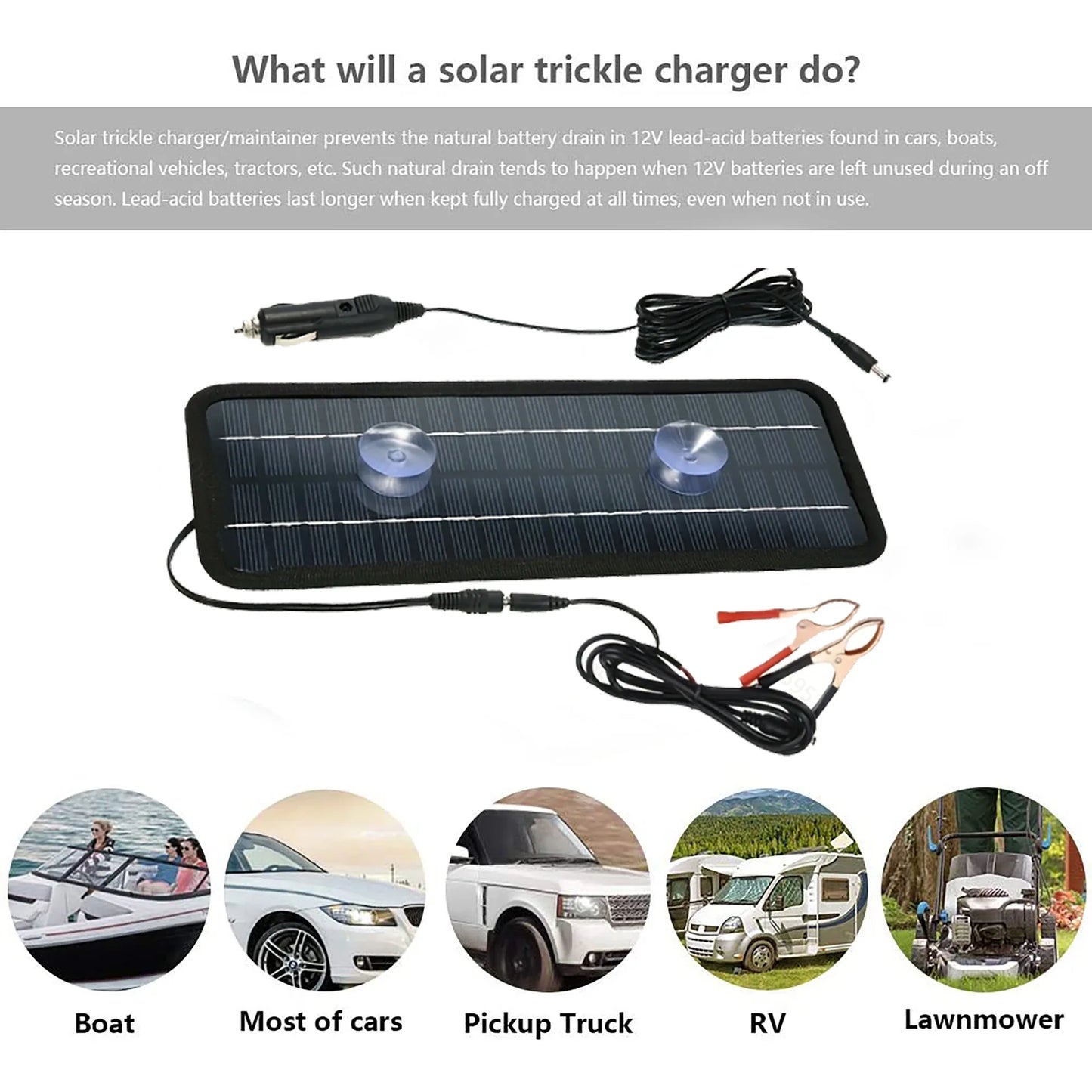 12V Solar Trickle Charger — Portable Waterproof Solar Battery Maintainer for Car