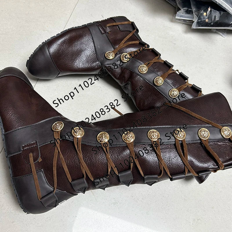 Medieval Steampunk PU Leather Boots – Retro Viking Pirate & Knight Cosplay Shoes for Men & Women, Carnival Party
