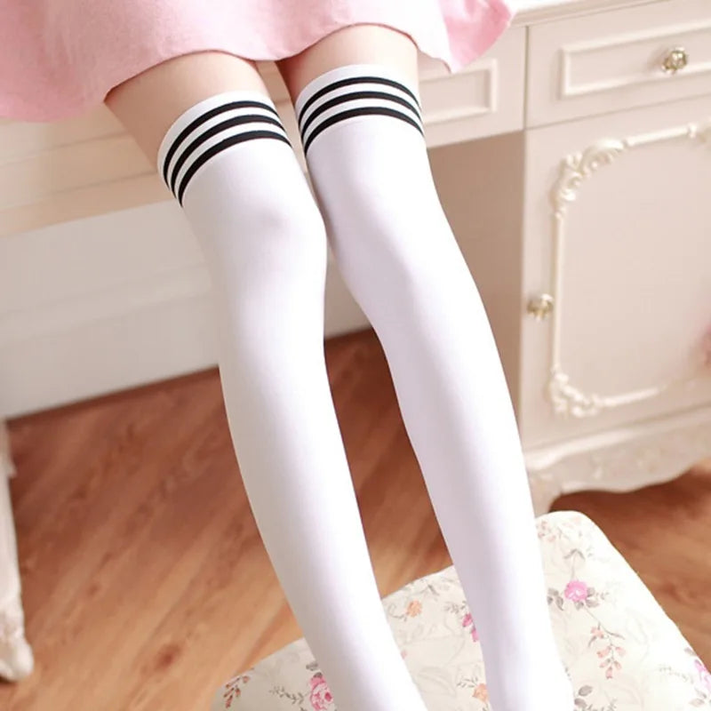 Sexy Striped Thigh High Socks for Women – Long Nylon Over Knee Stockings & Leg Warmers