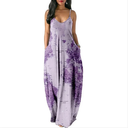 Women’s World Map Beach Dress – Elegant Sexy Long Sundress with Irregular Hem, Sleeveless Spaghetti Straps, Plus Size Summer Dress