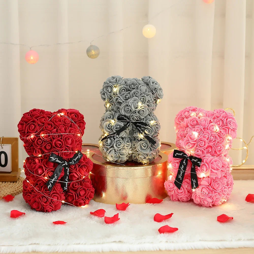 25cm Teddy Bear with Artificial Roses in Box – Romantic Valentine’s Day & Anniversary Gift for Women