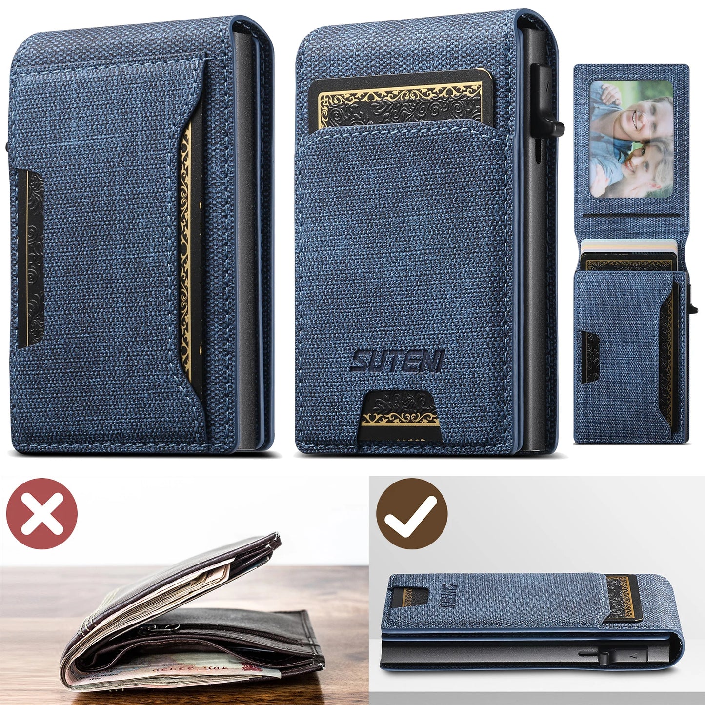 Push-Out PU Leather Card Holder Wallet – Large Capacity for 1–12 Cards & 1 Photo, Black/Brown/Blue