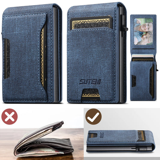 Push-Out PU Leather Card Holder Wallet – Large Capacity for 1–12 Cards & 1 Photo, Black/Brown/Blue