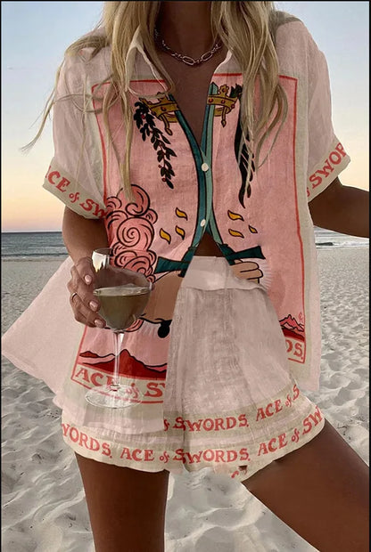 Women’s Summer 2-Piece Set – Lapel Short-Sleeve Shirt & Shorts, Elegant Loose Printed Outfit