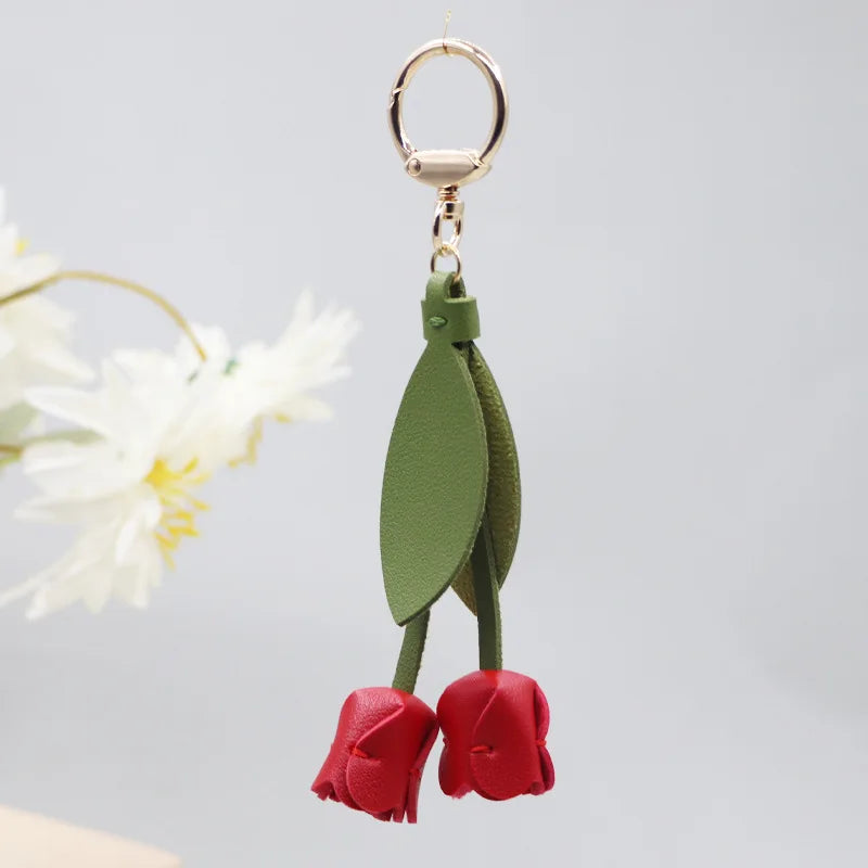Genuine Leather Flower Bag Pendant Keychain – Original Handmade Osmanthus & Tulip Design, Exquisite Floral Charm for Bags & Accessories