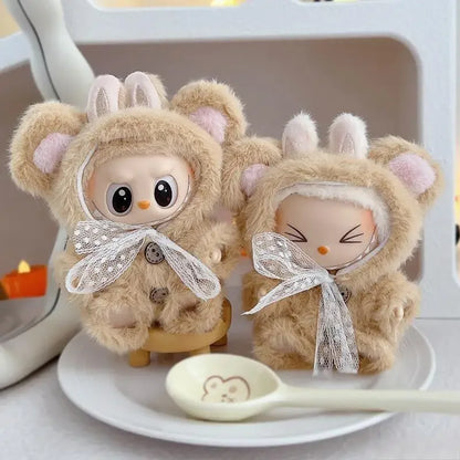 17cm Mini Plush Doll Clothes – Outfit Accessories for Kpop EXO Labubu Idol V1/V2, Cartoon Bear Hat & Bow Clothing Gift