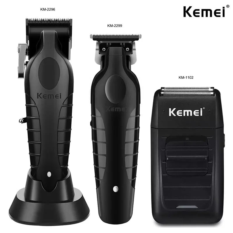 Kemei Professional Hair Clipper Kit – KM-2296, KM-2299, KM-1102 Electric Shaver & Cordless Trimmer for Men’s Hair Cutting