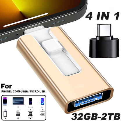 4-in-1 OTG USB Flash Drive – Type-C & Micro USB 3.0 Dual Purpose Memory Stick for Android & iPhone, Portable Mobile Storage Pen Drive