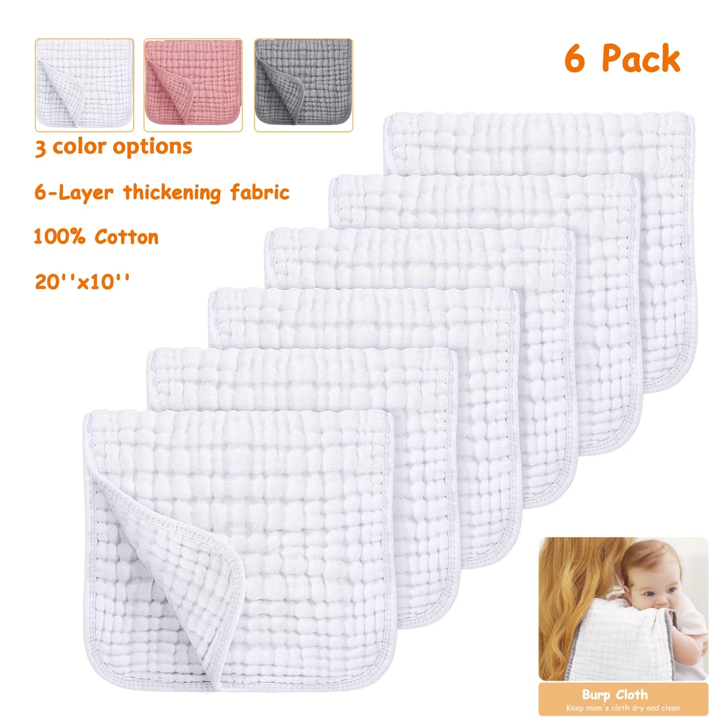 6PCS Baby Burping Cloths – 20"x10" Extra Soft 100% Cotton Muslin Washcloths, Absorbent Newborn Burp Cloths