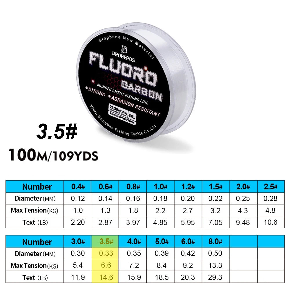 PROBEROS 100M Fluorocarbon Fishing Line - Carbon Fiber Monofilament Leader Line for Carp & Sinking Fishing Tackle