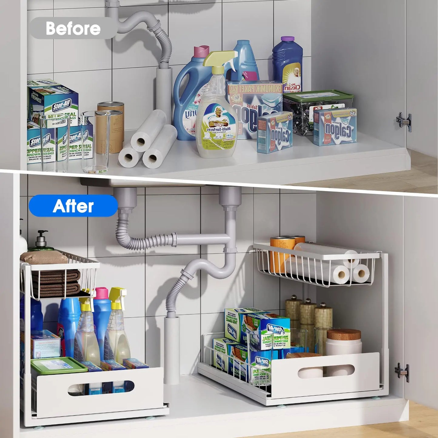 Under Sink 2-Tier Sliding Cabinet Organizer — Pull-Out Basket Drawer for Bathroom & Kitchen Storage
