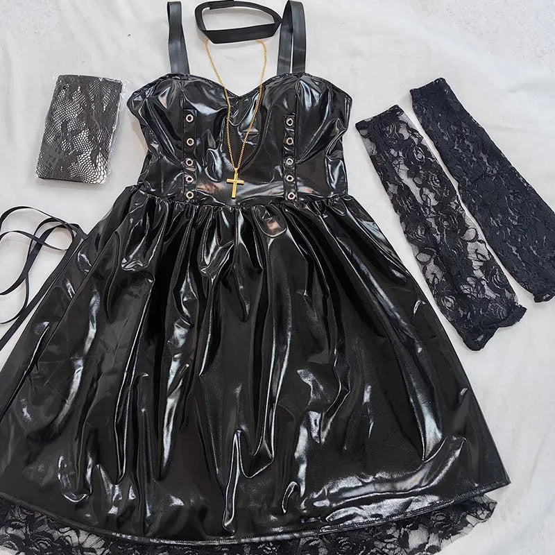 MisaMisa Cosplay Costume – Gothic Death Note Outfit for Women, Leather Dress with Stockings, Garters & Choker for Halloween