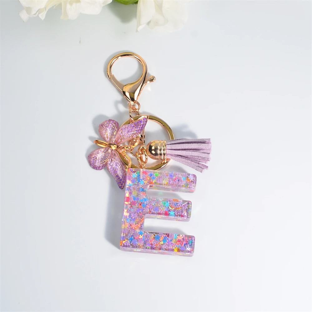 A-Z Sequin Initial Keychain - Dreamy Butterfly Tassel Pendant Bag & Purse Charm for Women