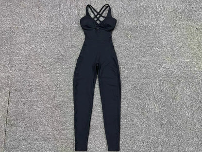 Women’s Black Sporty Jumpsuit – 2025 Workout Yoga Gym Set with Push-Up Fitness Overalls