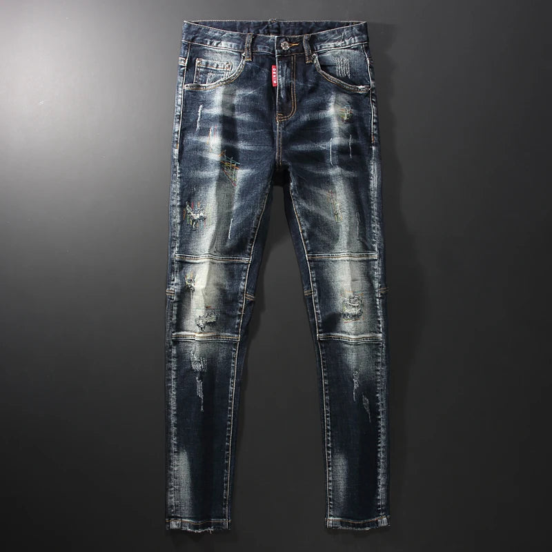 Streetwear Men’s Slim Fit Ripped Jeans – Retro Black & Blue Spliced Denim with Designer Embroidery, Hip Hop Fashion