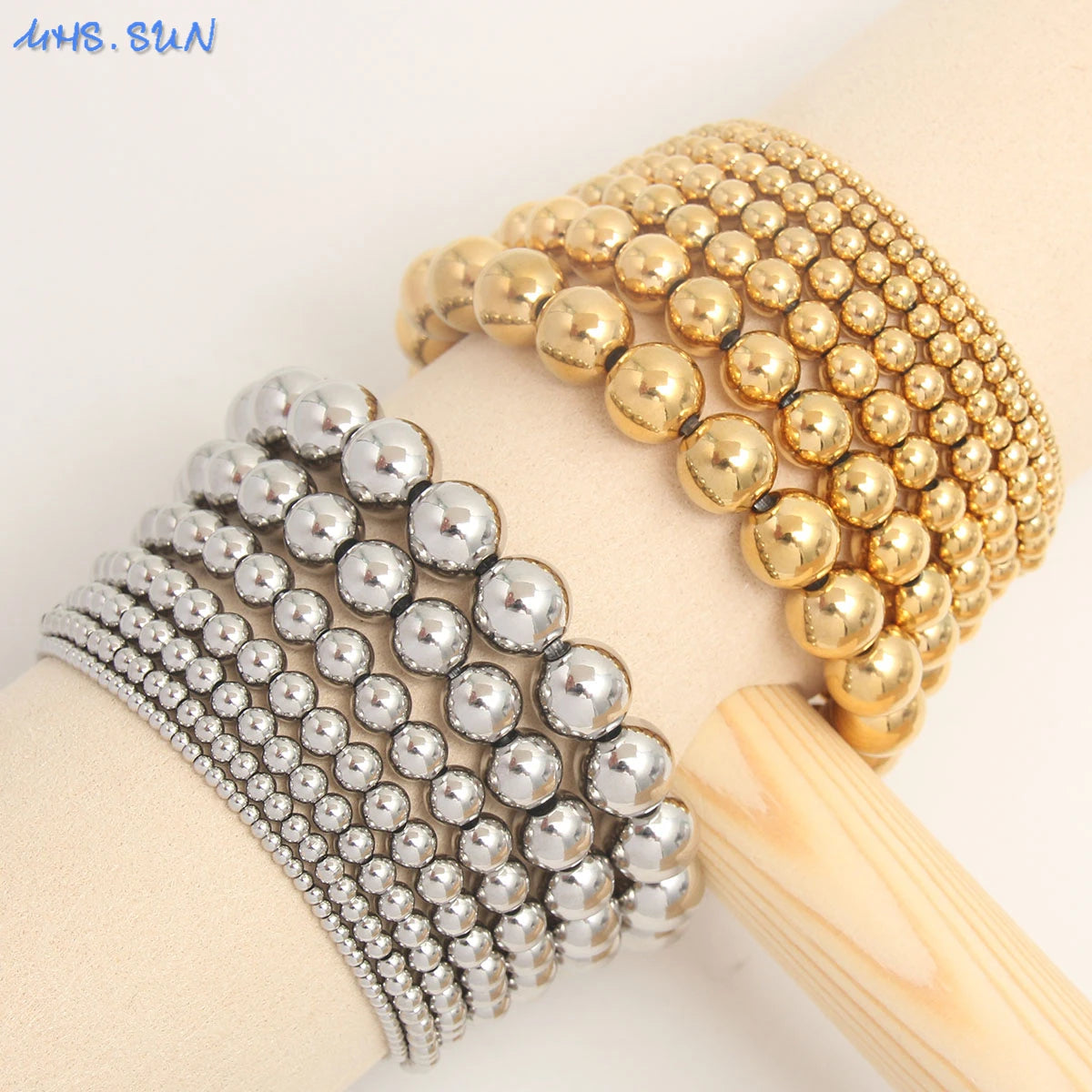 MHS.SUN Trendy Stainless Steel Stretch Bracelet — Gold & Silver Beaded 2mm/5mm/8mm for Men & Women