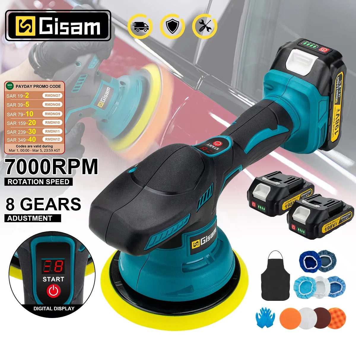 Gisam 8-Gear Digital Cordless Car Polisher — Electric Auto Waxing & Polishing Machine Compatible with Makita 18V Battery