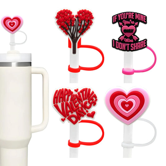 Leeseph 4-Piece Valentine Straw Covers - Cute Red and Pink Silicone Tips, Reusable for 7-8mm Diameter Straws