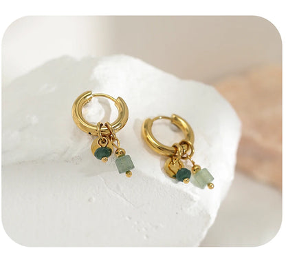 YACHAN 18K Gold-Plated Stainless Steel Hoop Earrings — Vintage Green Stone Charms, Trendy Waterproof Jewelry for Women
