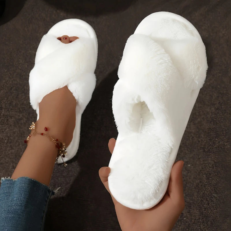 Women’s Cross Warm Fluffy Slippers – Lightweight Fur Slides with Flat Heels, Open Toe, Non-Slip Home Shoes for Autumn & Winter