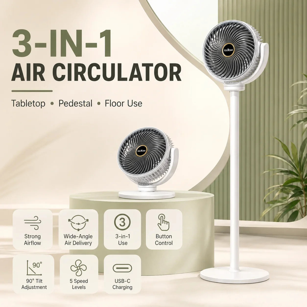 3-in-1 Air Circulation Fan - Retractable Standing & Desk Cooling Fan with Remote Control