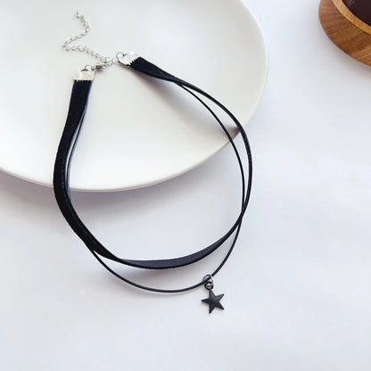 Black Velvet Pentagram Choker - Double Pendant Strap Necklace for Women, Gothic Fashion Accessory