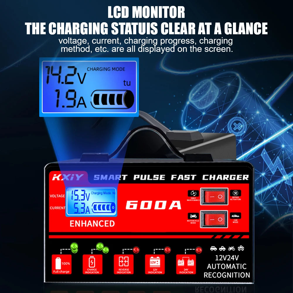 12V/24V Smart Car Battery Charger with LCD Display – 600A Intelligent Pulse Repair Maintainer