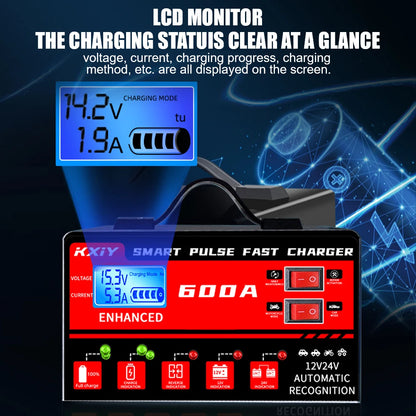 12V/24V Smart Car Battery Charger with LCD Display – 600A Intelligent Pulse Repair Maintainer