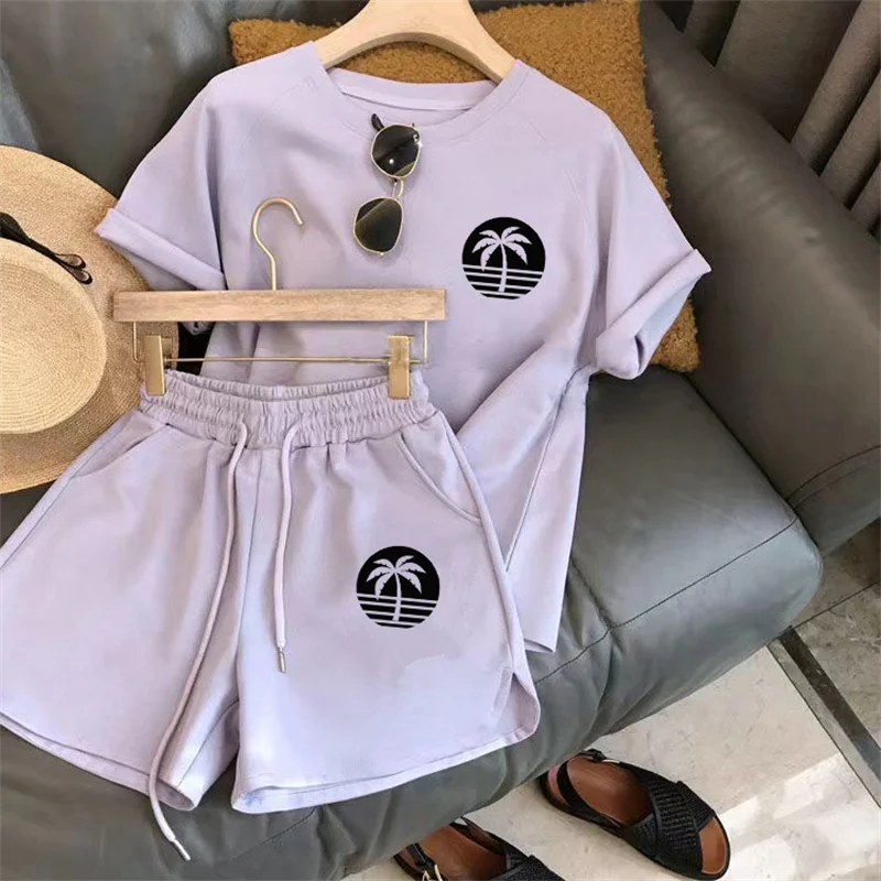 Women’s Two-Piece Sports Tracksuit – C Letter Print Short Sleeve T-Shirt with Drawstring Shorts, Exercise & Casual Wear