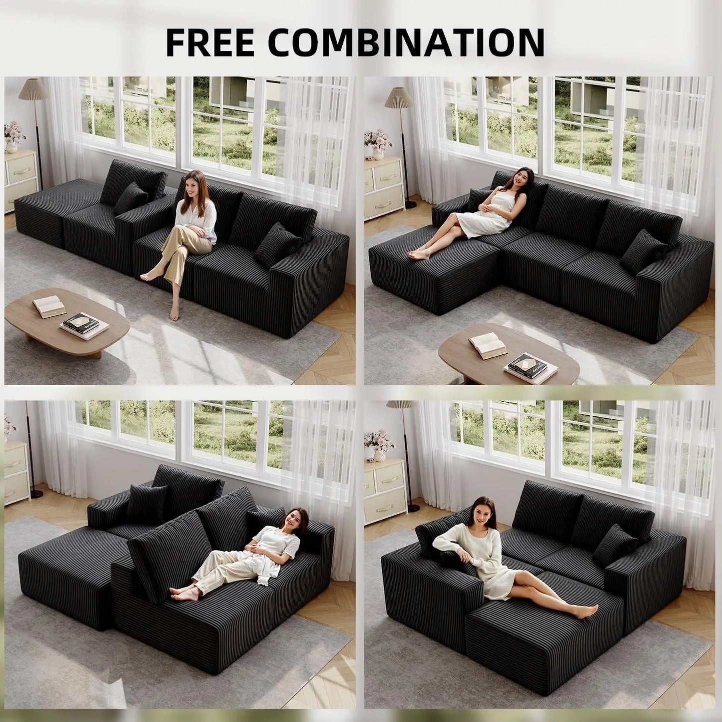 139" Cloud Sectional Sofa – Deep Seat Modular L-Shape Corduroy Couch, Frameless 4-Seater Living Room Sofa with Left Chaise (Black)