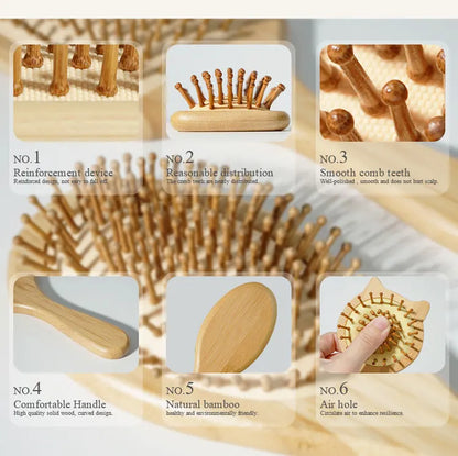Bamboo Hair Brush with Wide Teeth & Air Bag - Smooth Scalp Massage Comb for Women Hairdressing Styling Tools