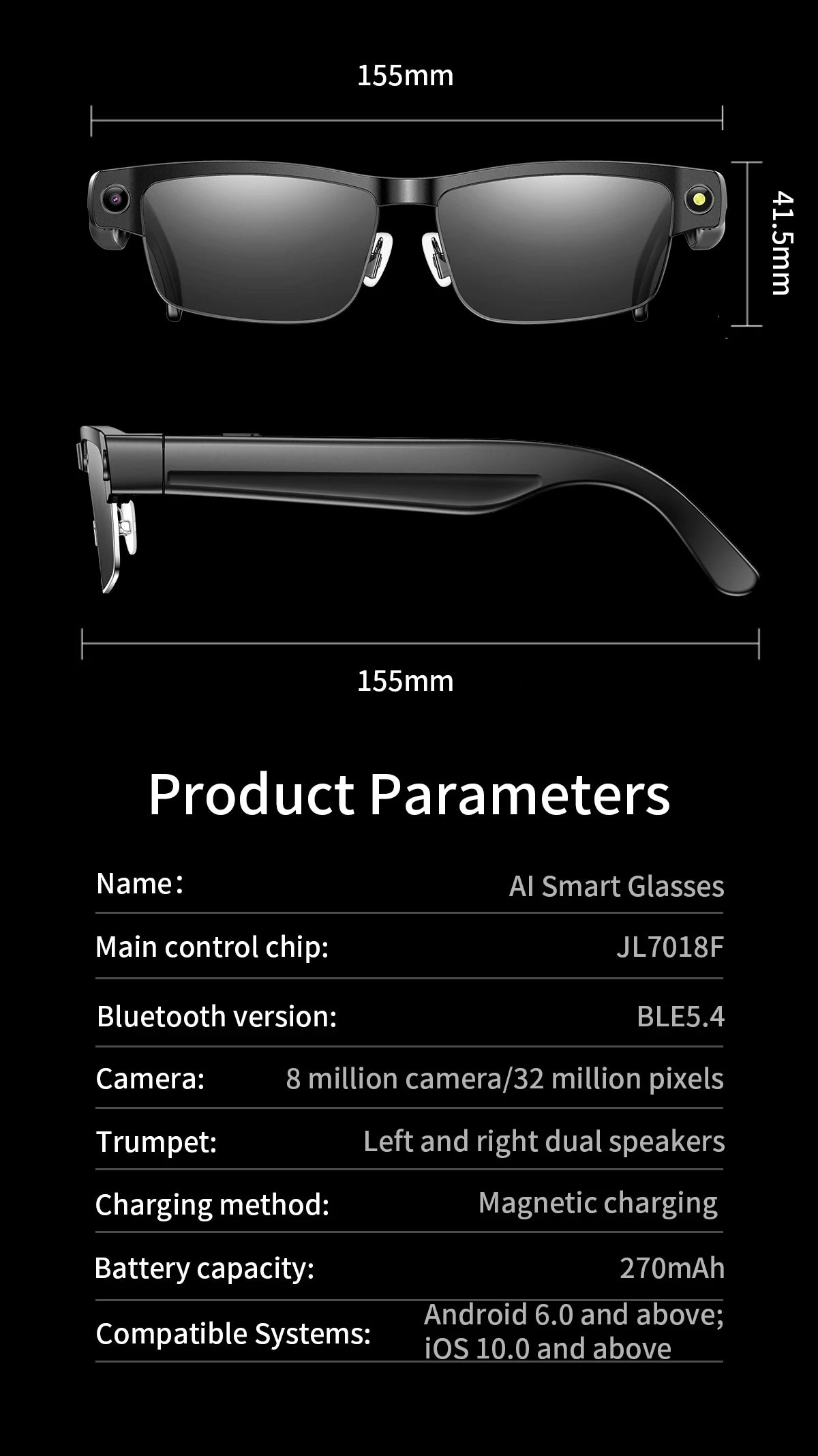 AI Smart Camera Glasses — 8MP with Bluetooth for Calls & Music, Object Recognition, and AI Translation