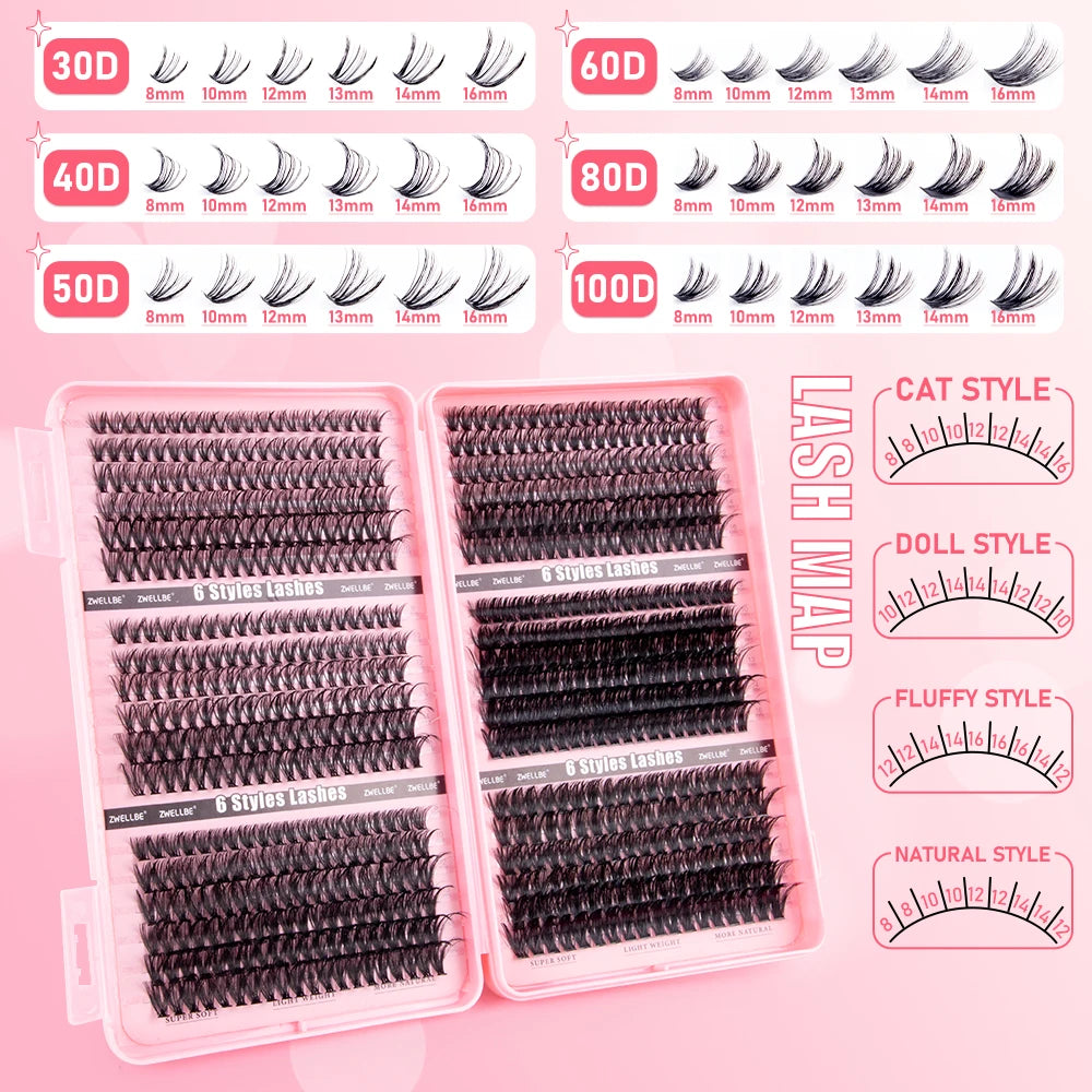 780pcs Eyelash Clusters Kit – 8-16mm Extension with Bond & Seal, Remover, Applicator for DIY Home Makeup