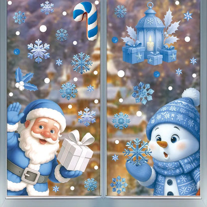 Christmas Blue Snowman Window Stickers – Santa, Snowflake, Bird & Elk Ornaments for Merry Christmas 2025 and Happy New Year 2026