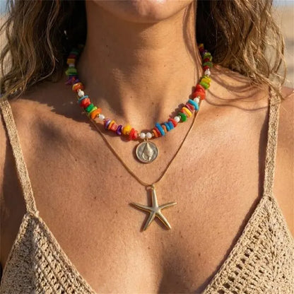 Bohemian Shell Layered Necklace - Vintage Starfish & Turtle Blue Beaded Beach Jewelry for Women