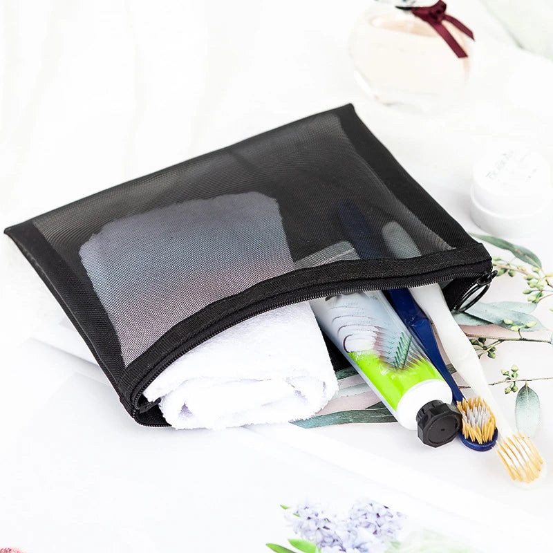 Transparent Mesh Zipper Cosmetic Bag – Fashionable Black Toiletry Organizer, Small & Large Makeup Pouch for Women