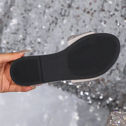 Women’s Silver Crystal Flat Slippers – Plus Size Comfortable Summer Beach Shoes