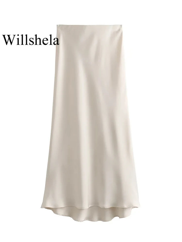 Willshela 2024 Women’s Black Satin High Waist Midi Skirt – Elegant Long Office & Summer Fashion Skirt for Women, Slim Fit Casual Wear