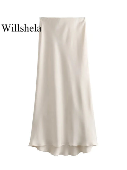 Willshela 2024 Women’s Black Satin High Waist Midi Skirt – Elegant Long Office & Summer Fashion Skirt for Women, Slim Fit Casual Wear