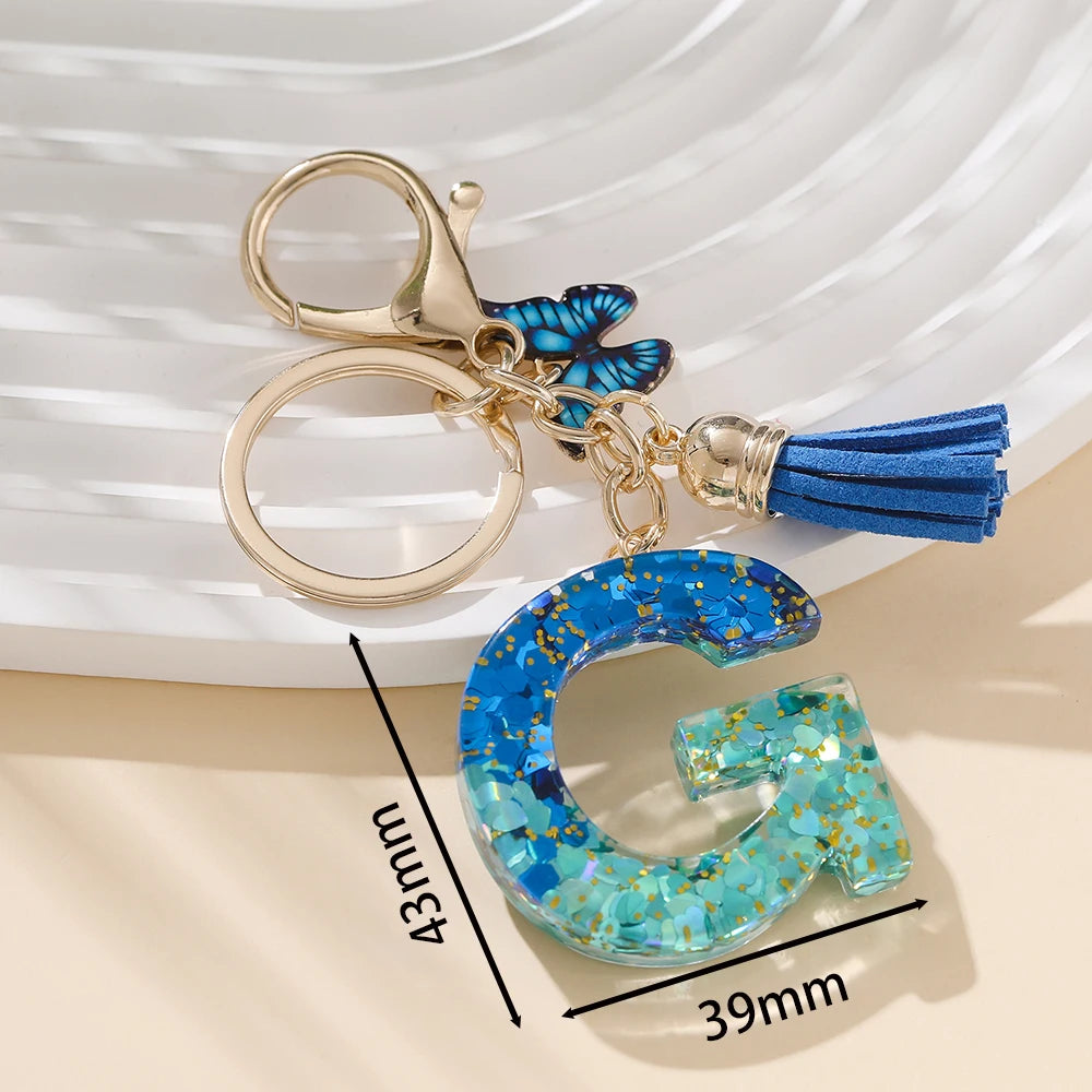 Royal Blue Butterfly Initial Keychain - Alloy Alphabet Letter & Tassel Backpack Charm