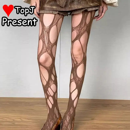 Y2K Shibuya Gothic Lolita Fishnet Tights – Ripped Silk Retro Spicy Girl Subculture Sexy Women’s Stockings