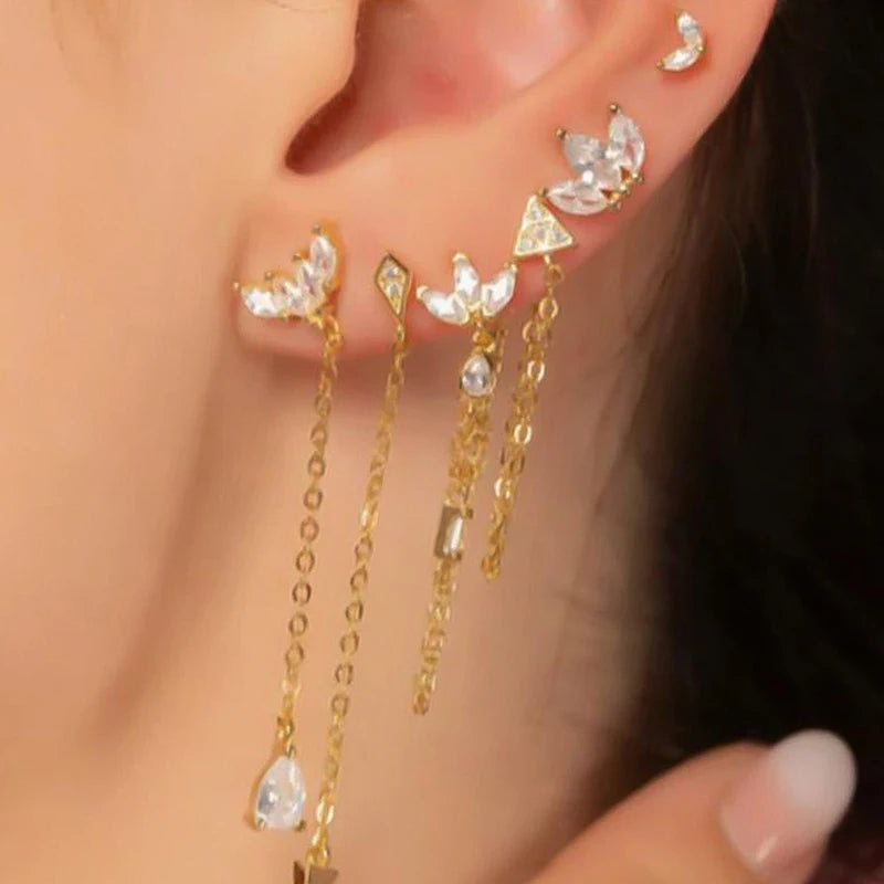 925 Sterling Silver Gold Tassel Earrings - Vintage Crystal Long Chain Hoop Jewelry for Women