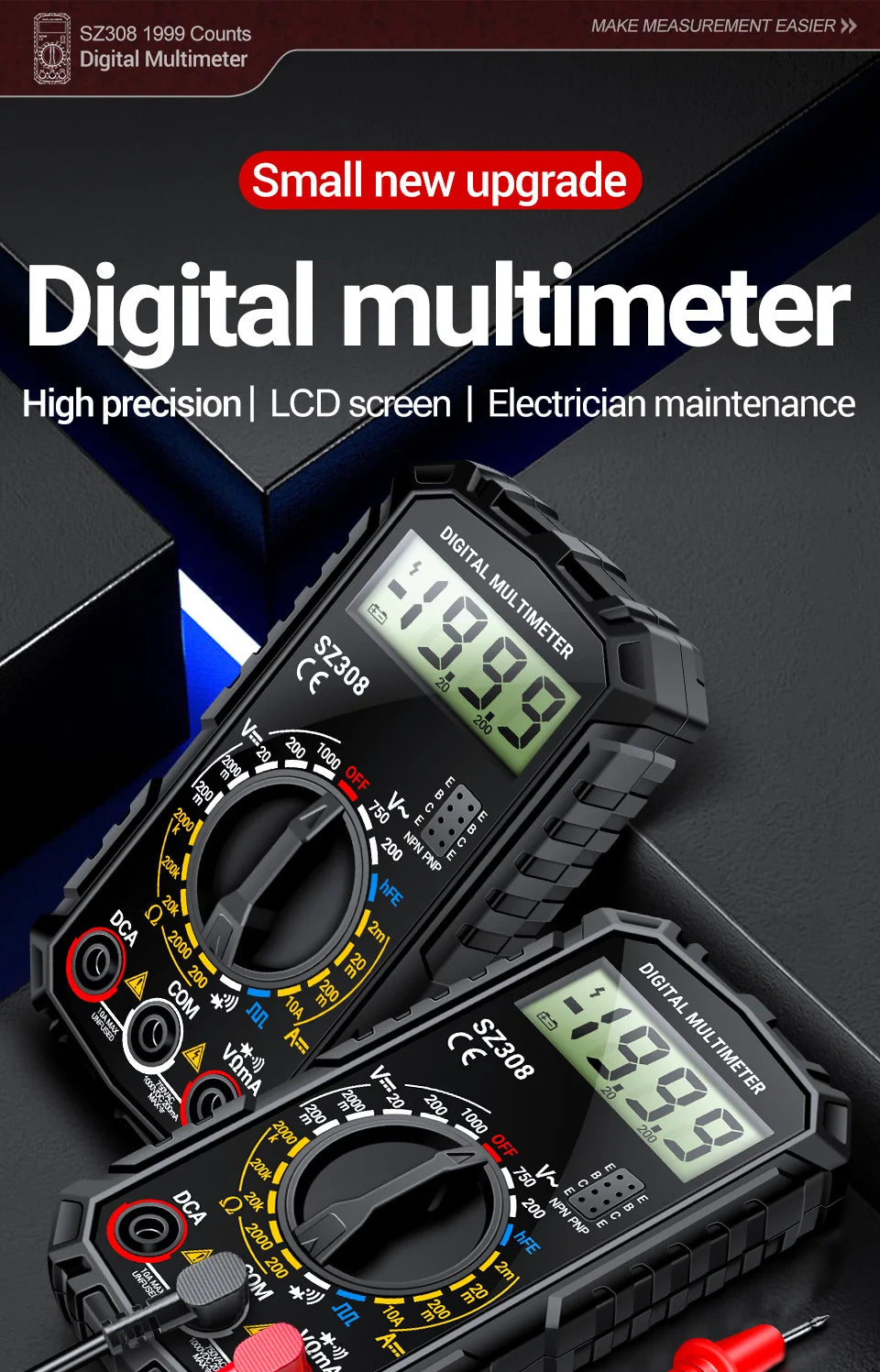 ANENG SZ308 Digital Multimeter – 1999 Count, High-Precision AC/DC Voltage, Current & Resistance Test Tool