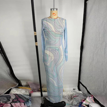 Women’s 2025 Summer Beach Dress – Long Spaghetti Strap O-Neck Dress with Print and Long Sleeves, Fashionable Summer Robe
