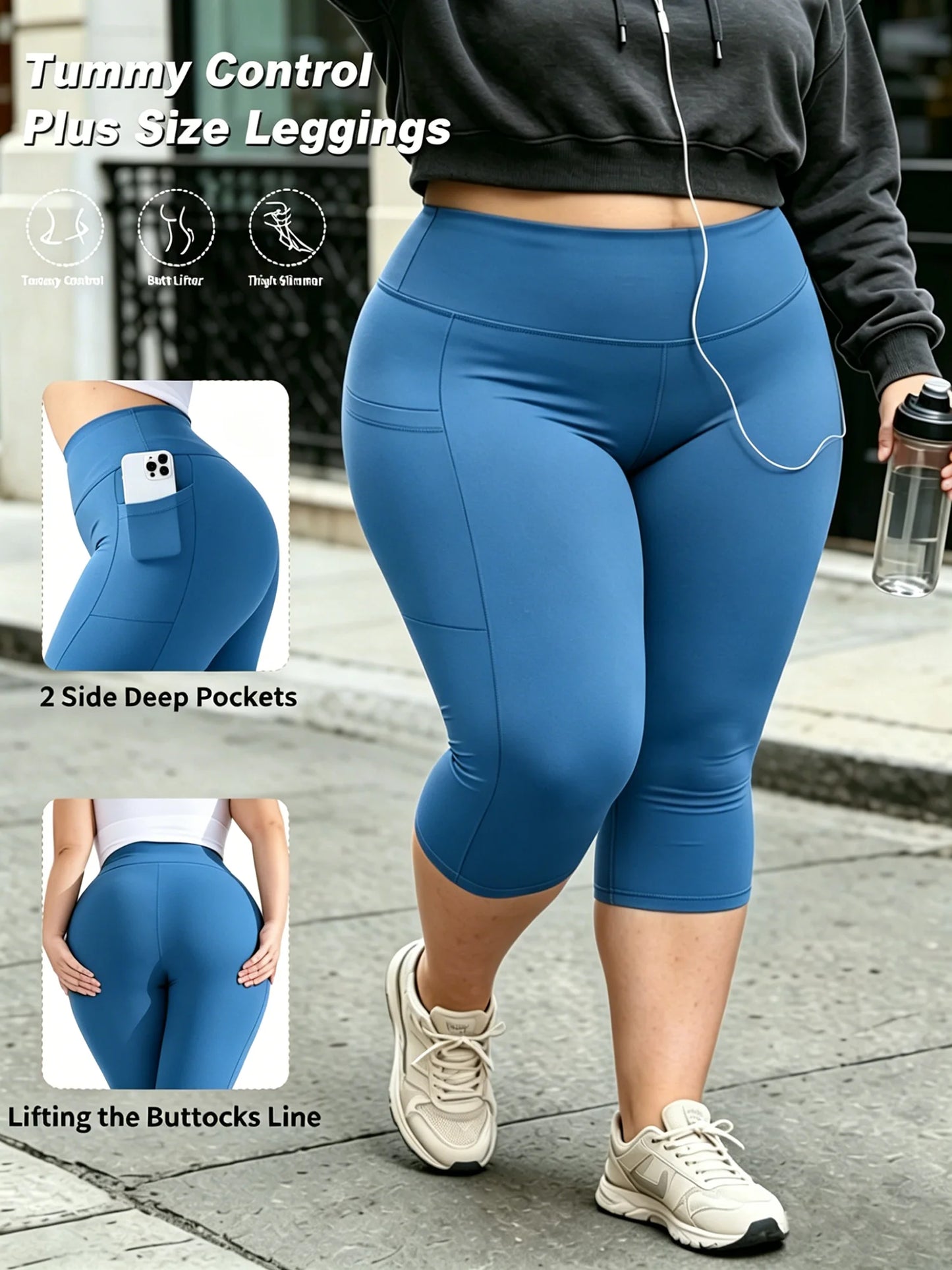 Women's Plus Size Capri Leggings - High-Waist Tummy Control Stretch Yoga Pants with Pockets
