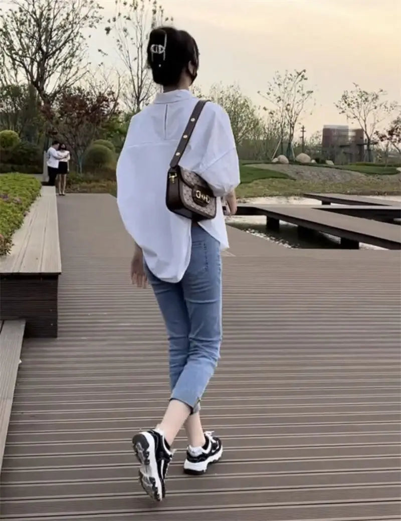 2025 Women’s Cotton Mid-Sleeve Loose Blouse – Casual Irregular Summer Shirt Korean Fashion