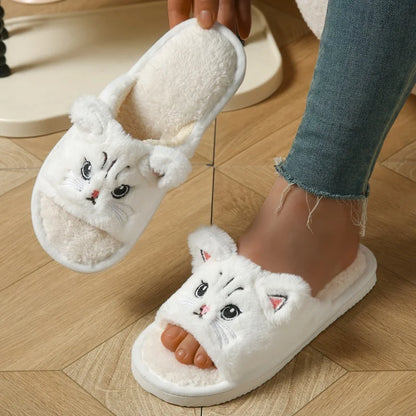 Cute Cat Plush Flip Flops - Warm Fuzzy Cartoon Animal Indoor House Slippers