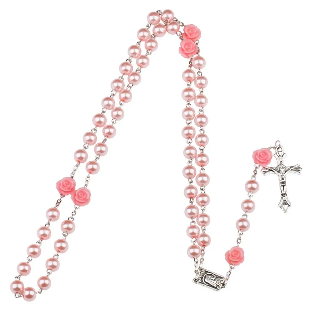 6mm Pink Rosary Necklace – Rose Glass Beads Chain with Crucifix Cross INRI Pendant, Religious Prayer Jewelry for Men & Women